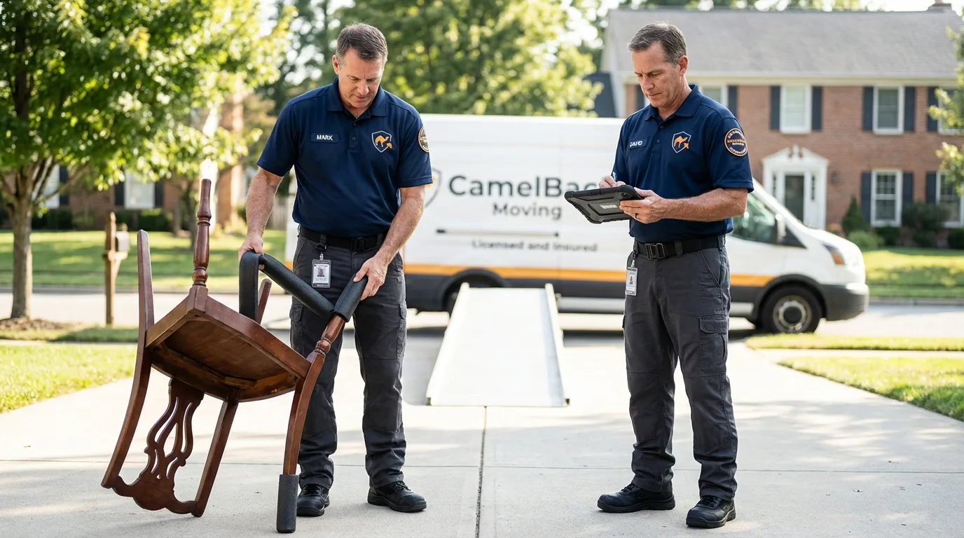 Movers inspecting furniture for damage prevention before loading in Everett, WA
