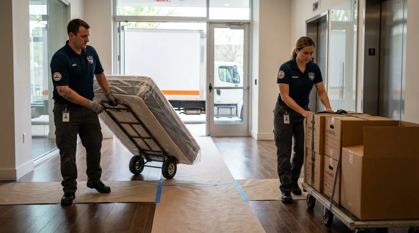 Professional apartment movers loading elevator in Everett, WA